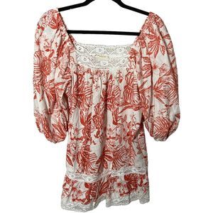 Artelier Nicole Miller Womens Large Linen Tropical Lace Square Neck Tunic Top